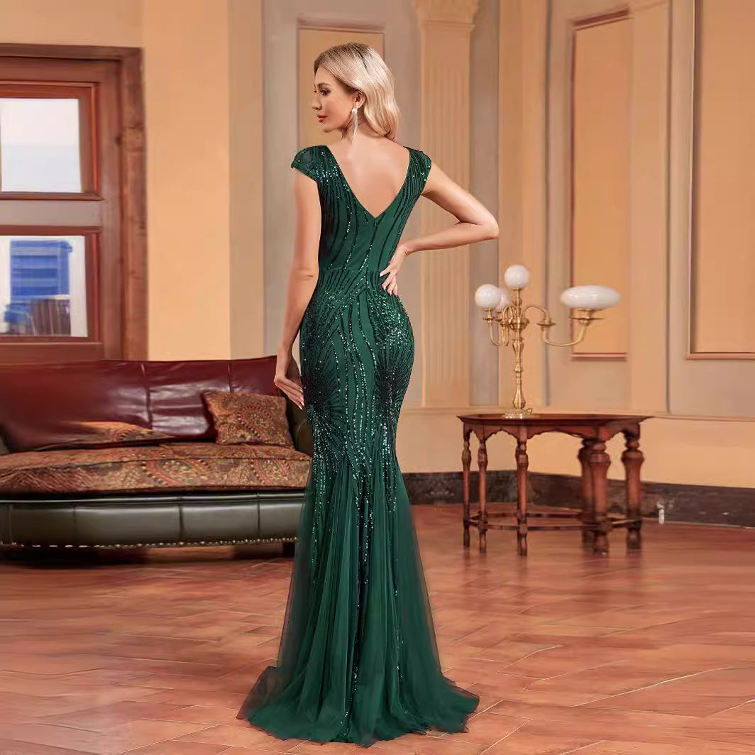 Sequin V-Neck Cap Sleeve Tulle Mermaid Maxi Gown - View 3