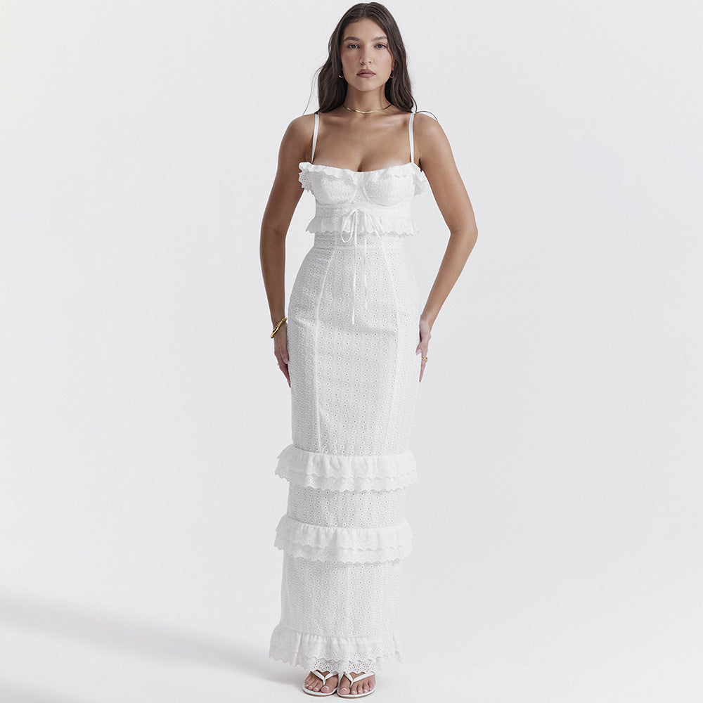 Eyelet Lace Corset Tie Front Tiered Ruffle Spaghetti Strap Maxi Dress - View 3