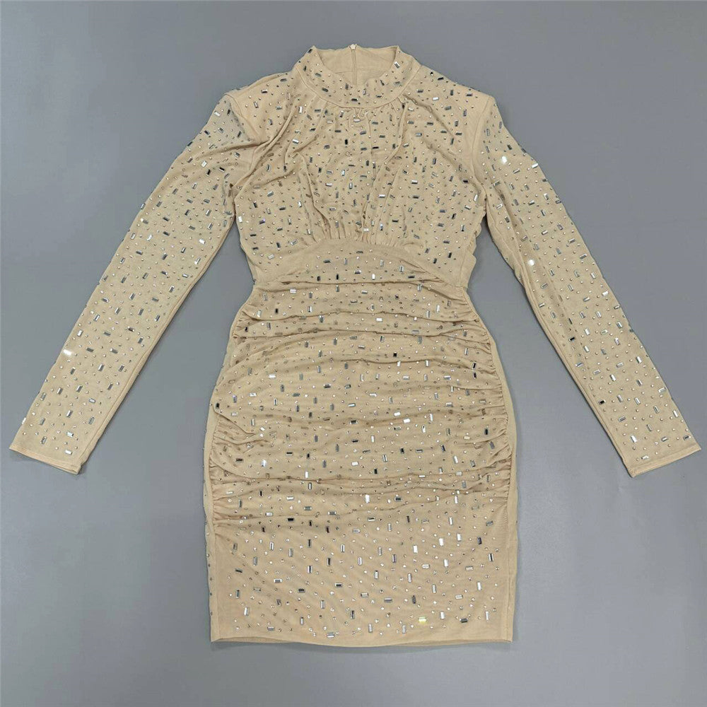 Sequin Mock Neck Ruched Long Sleeve Bodycon Mini Cocktail Dress - View 3