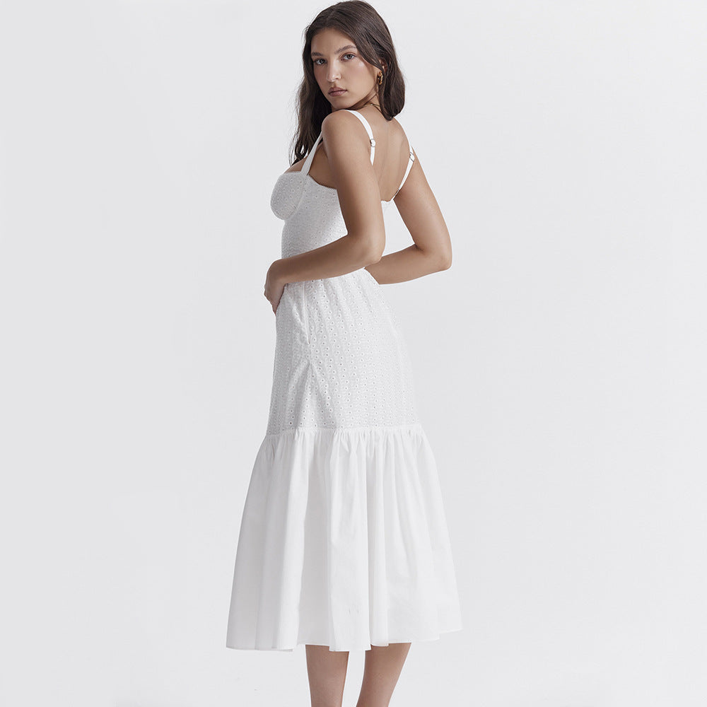 Eyelet Bustier Square Neck Wide Strap Tiered Ruffle Midi Dress - View 4