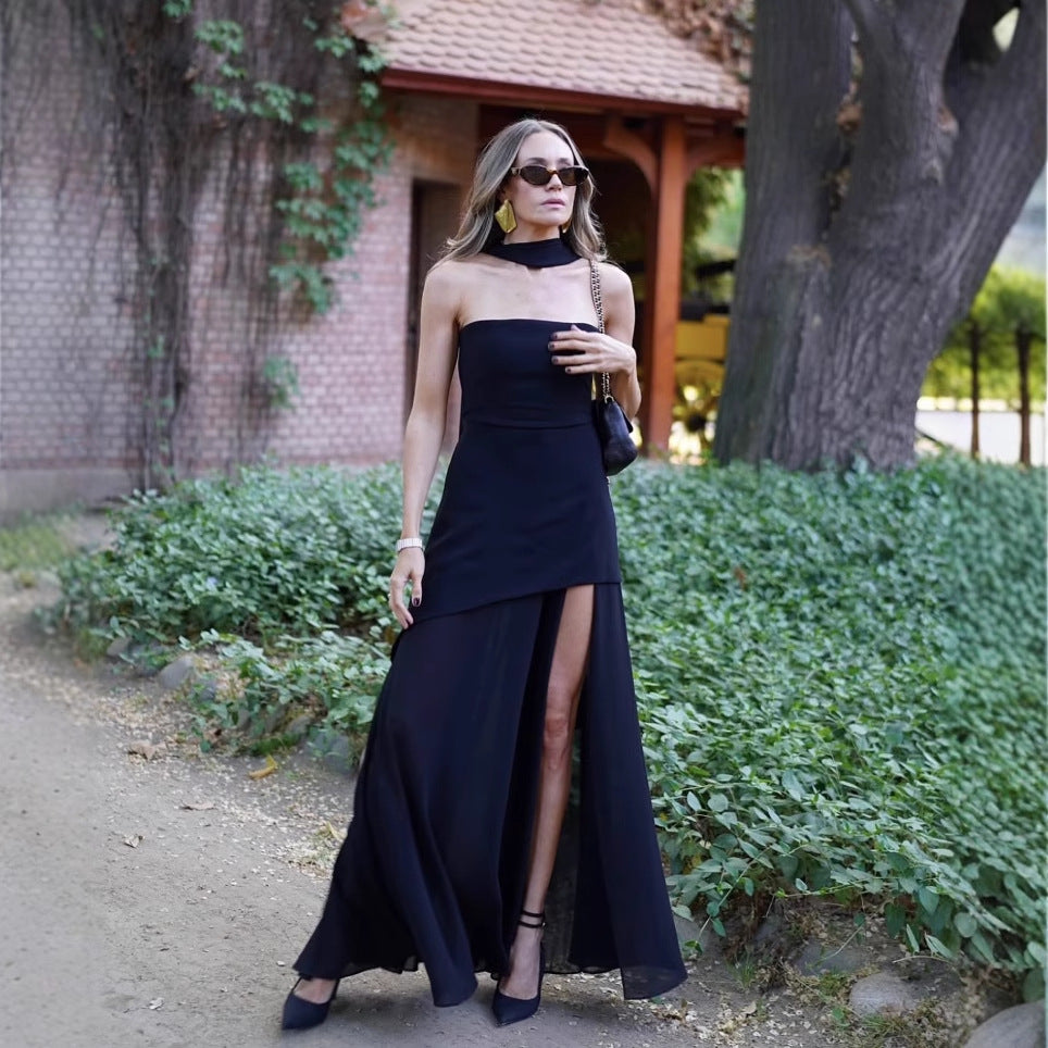 Strapless Tube Choker Neck Asymmetric Bodice Sheer Maxi Dress - View 5