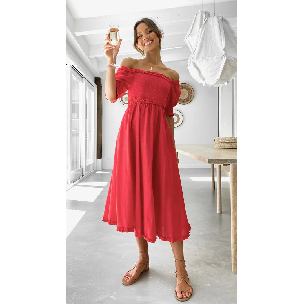 Off Shoulder Smocked Puff Sleeve Ruffle Hem Midi Dress - View 5