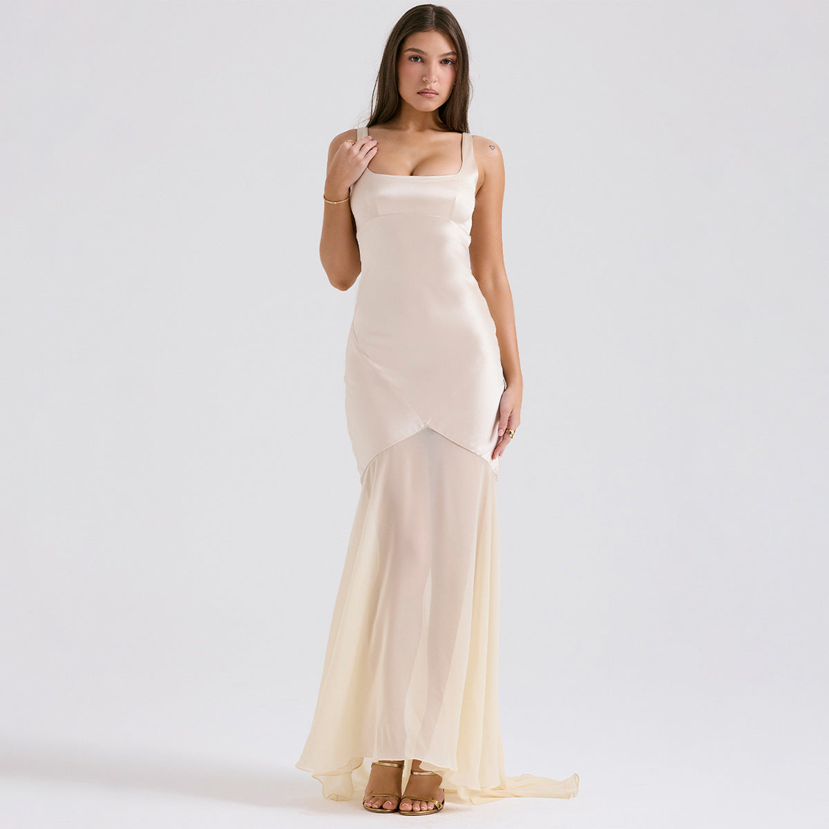 Satin Square Neck Wide Strap Chevron Seam Chiffon Trumpet Maxi Gown - View 6