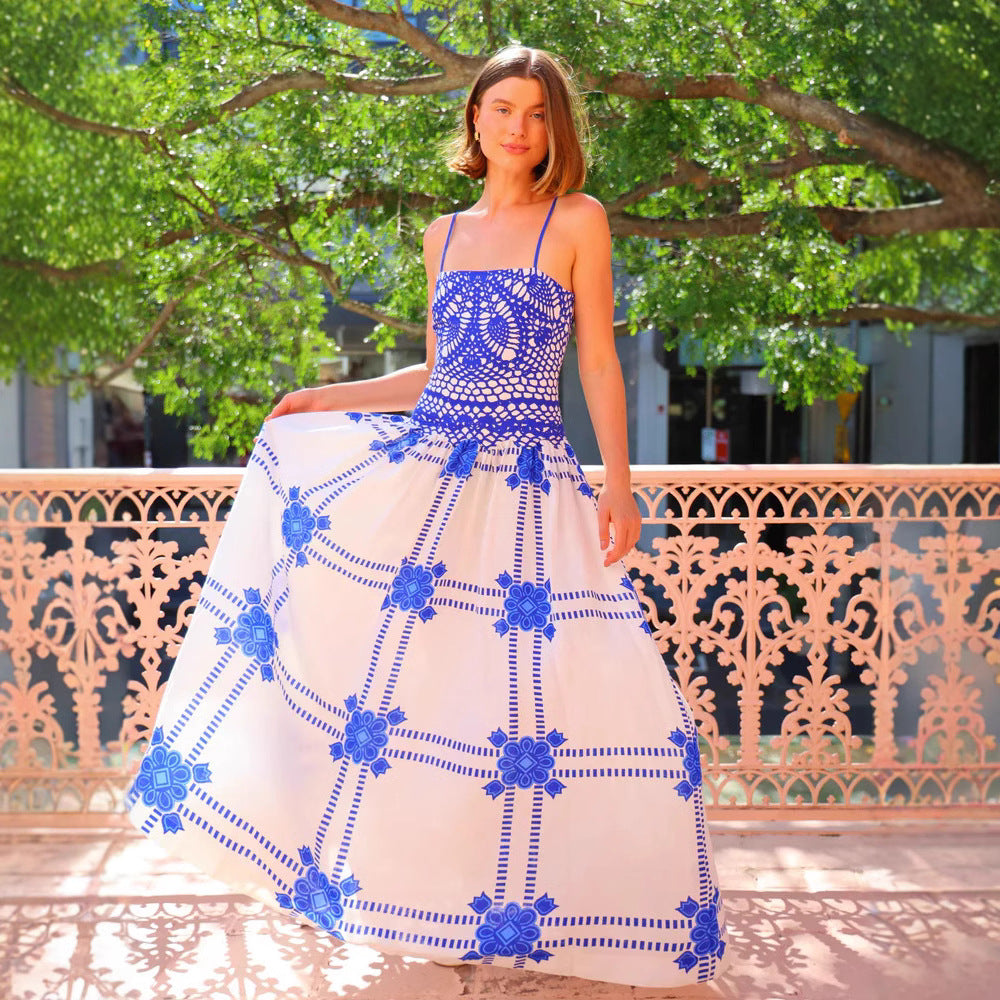 Crochet Square Neck Spaghetti Strap Floral Print Maxi Dress