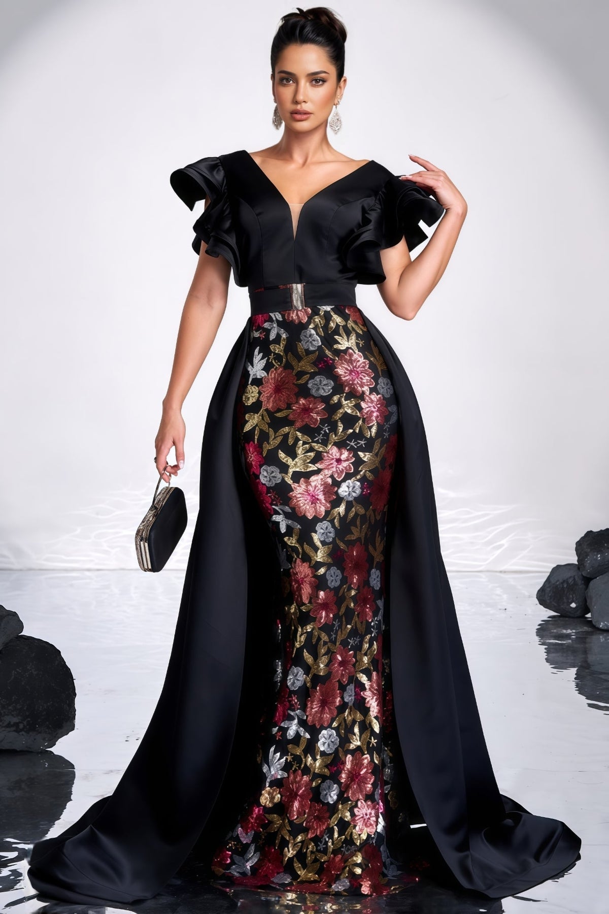 Floral Brocade V-Neck Ruffle Sleeve Mermaid Maxi Gown