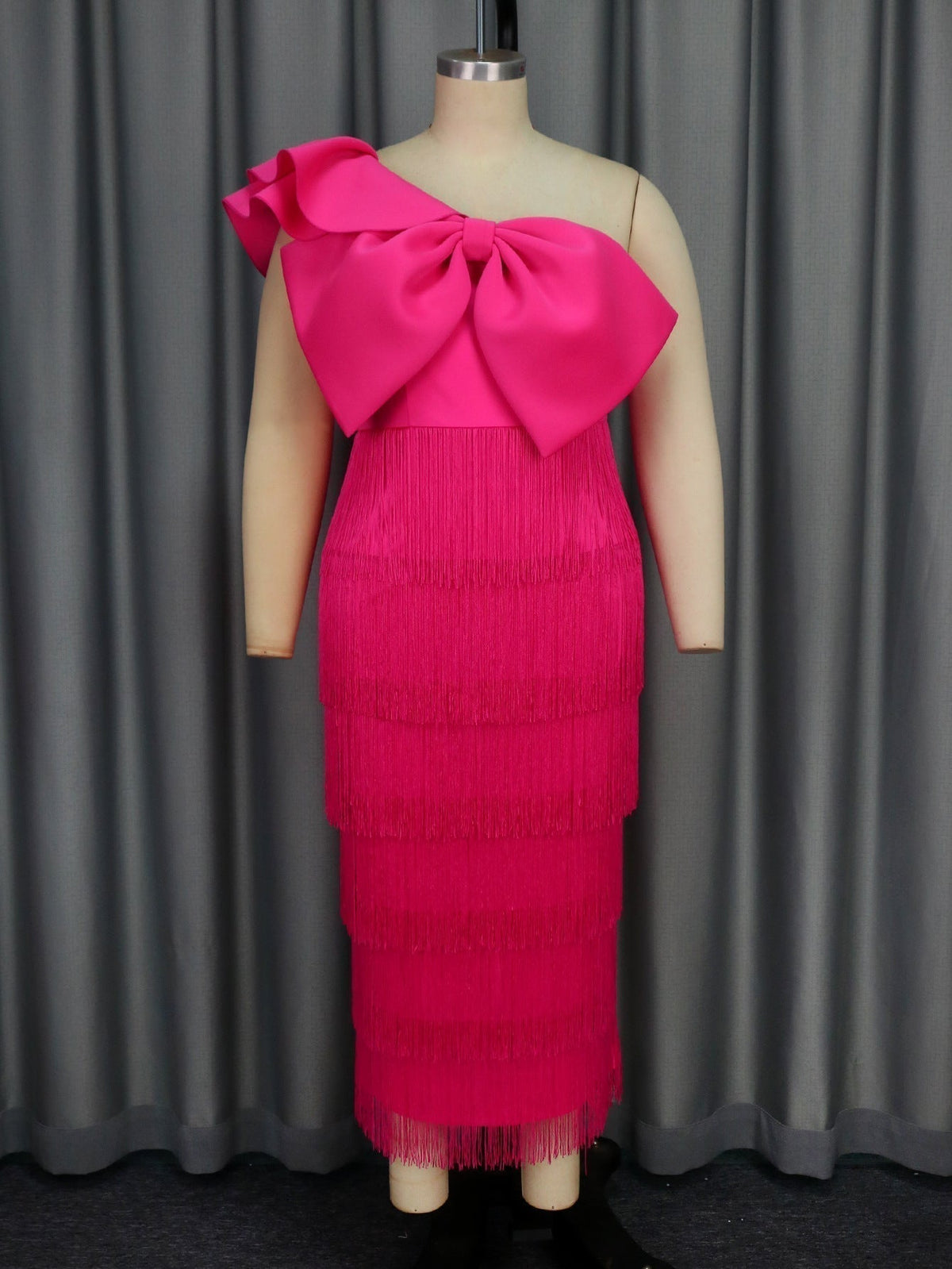 One Shoulder Oversized Bow Tiered Fringe Midi Cocktail Dress - View 2