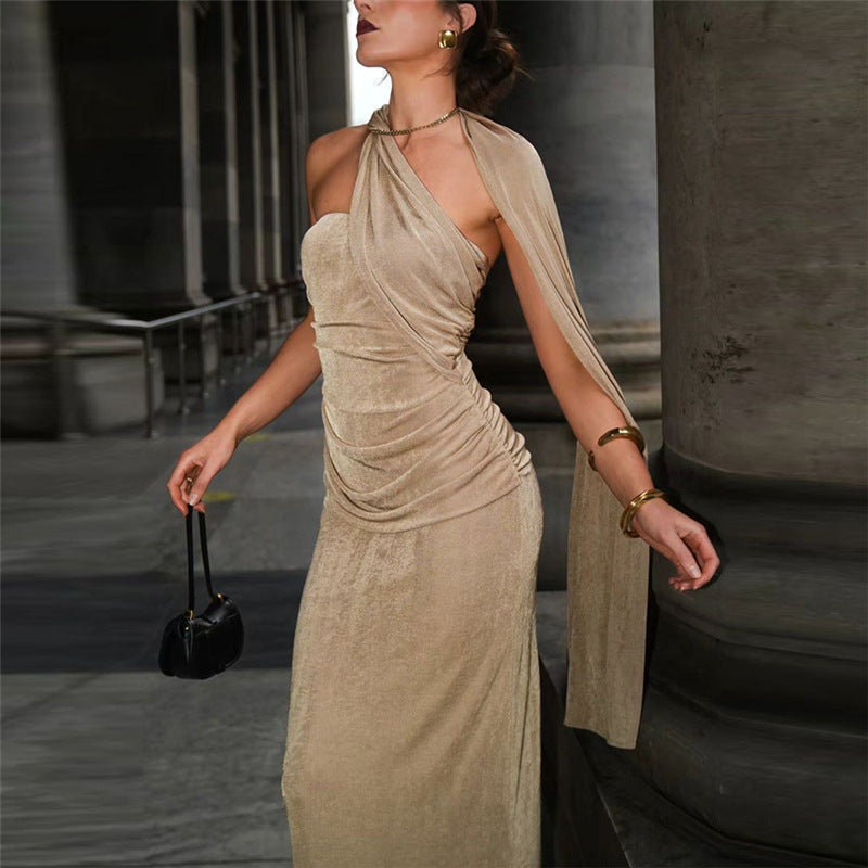 Velvet Halter Neck Ruched Mermaid Maxi Gown - View 3