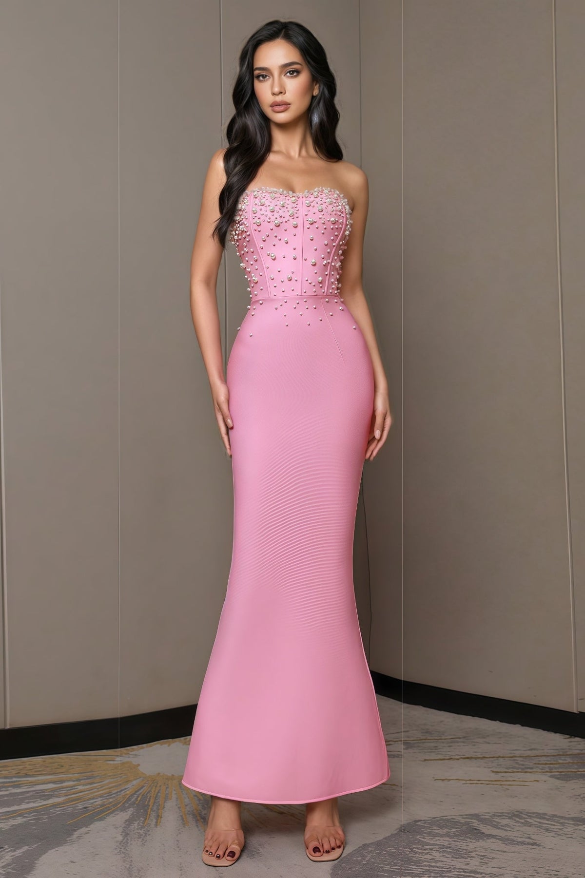 Strapless Sweetheart Pearl Embellished Corset Mermaid Maxi Gown - View 2