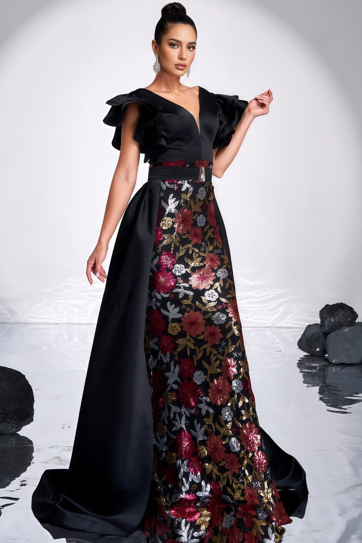 Floral Brocade V-Neck Ruffle Sleeve Mermaid Maxi Gown - View 5