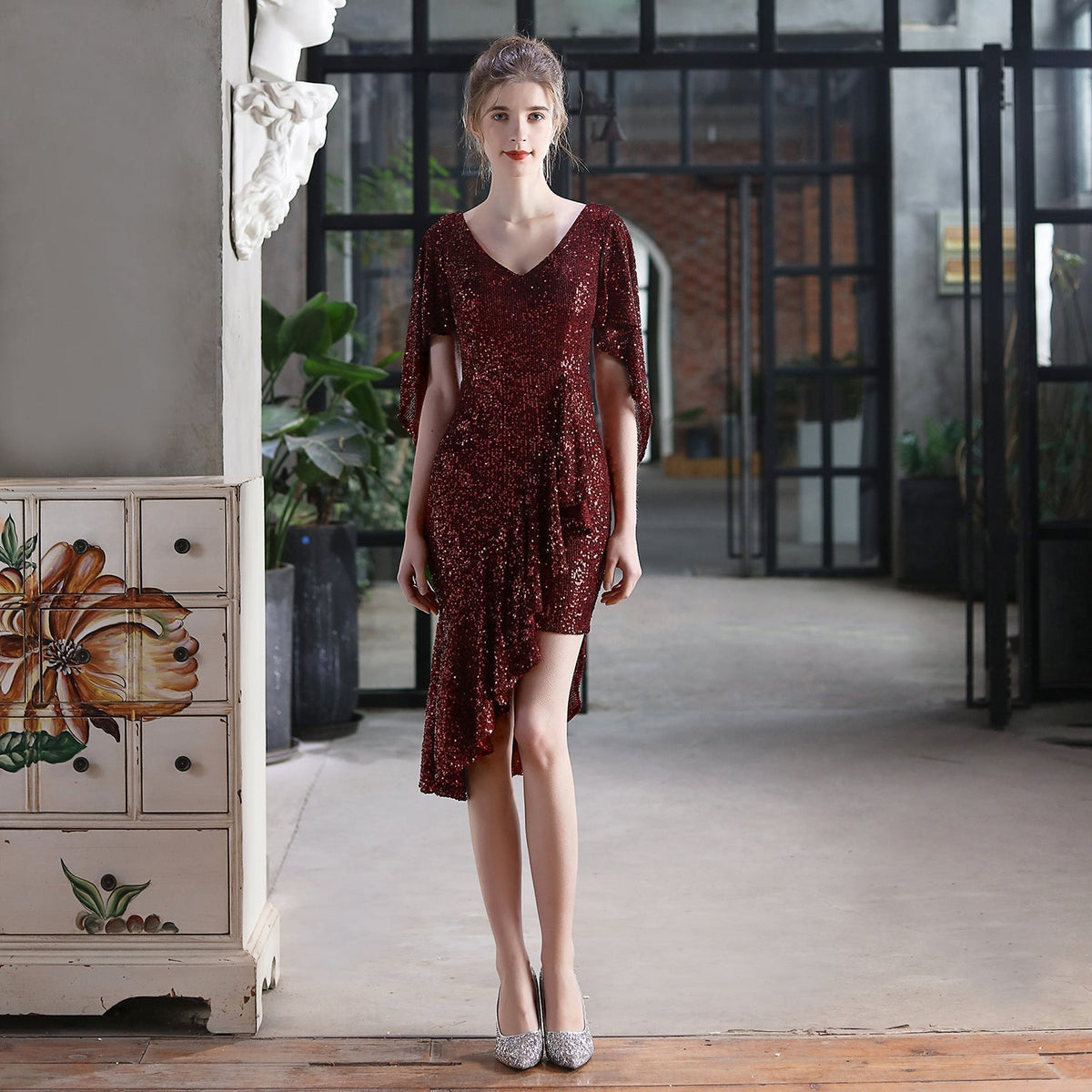 Sequin V-Neck Flutter Sleeve High Low Asymmetric Cocktail Dress - View 3