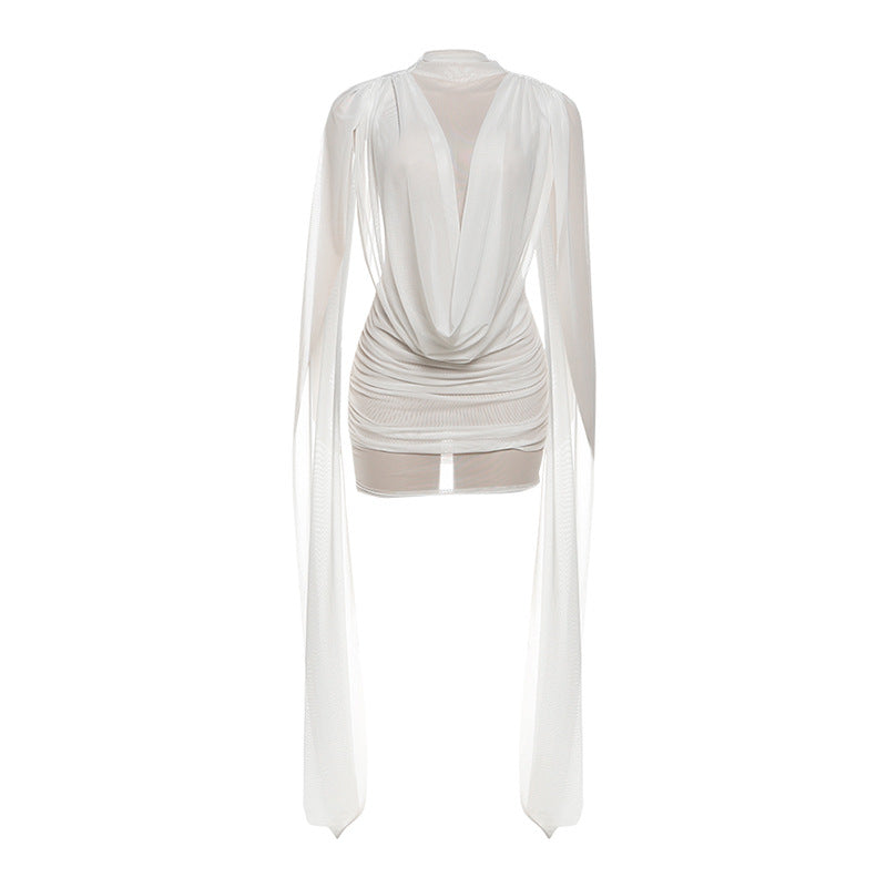 Mesh Mock Neck Draped Cowl Cape Panel Ruched Bodycon Mini Dress - View 4