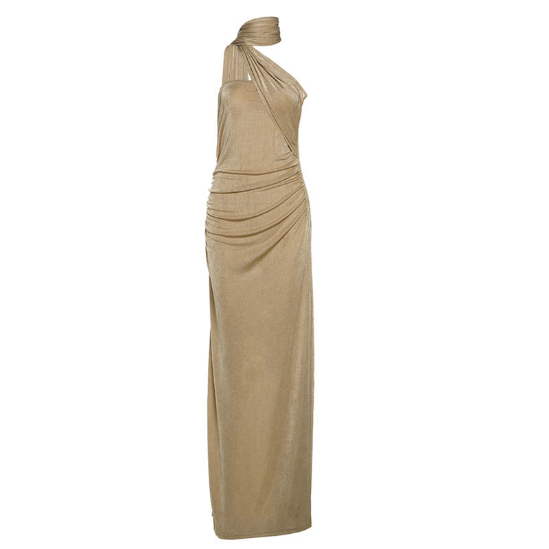 Velvet Halter Neck Ruched Mermaid Maxi Gown - View 6