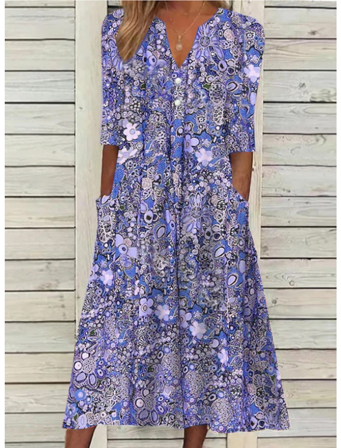 Floral Print V-Neck Button Half Sleeve Patch Pocket A-Line Midi Dress - View 4