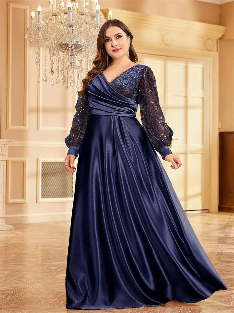 Satin V-Neck Bishop Sleeve Sequin Wrap A-Line Formal Gown - View 3