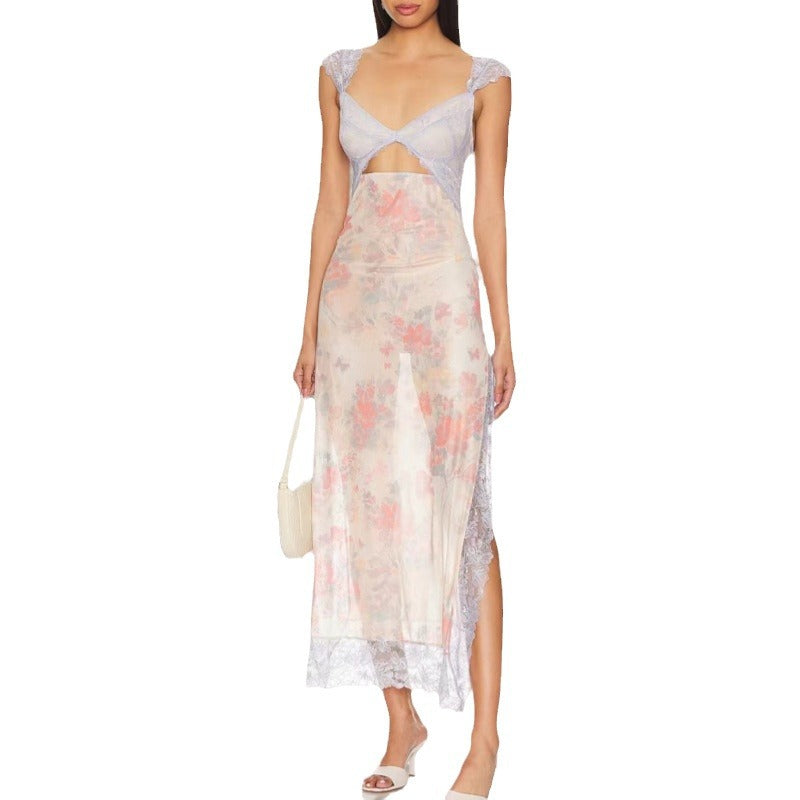 Lace Bodice Sweetheart Cut Out Cap Sleeve High Split Midi Dress - View 6