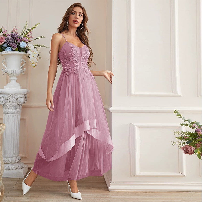 Mesh Tulle Lace Applique Spaghetti Strap V-Neck Tiered Maxi Gown - View 3