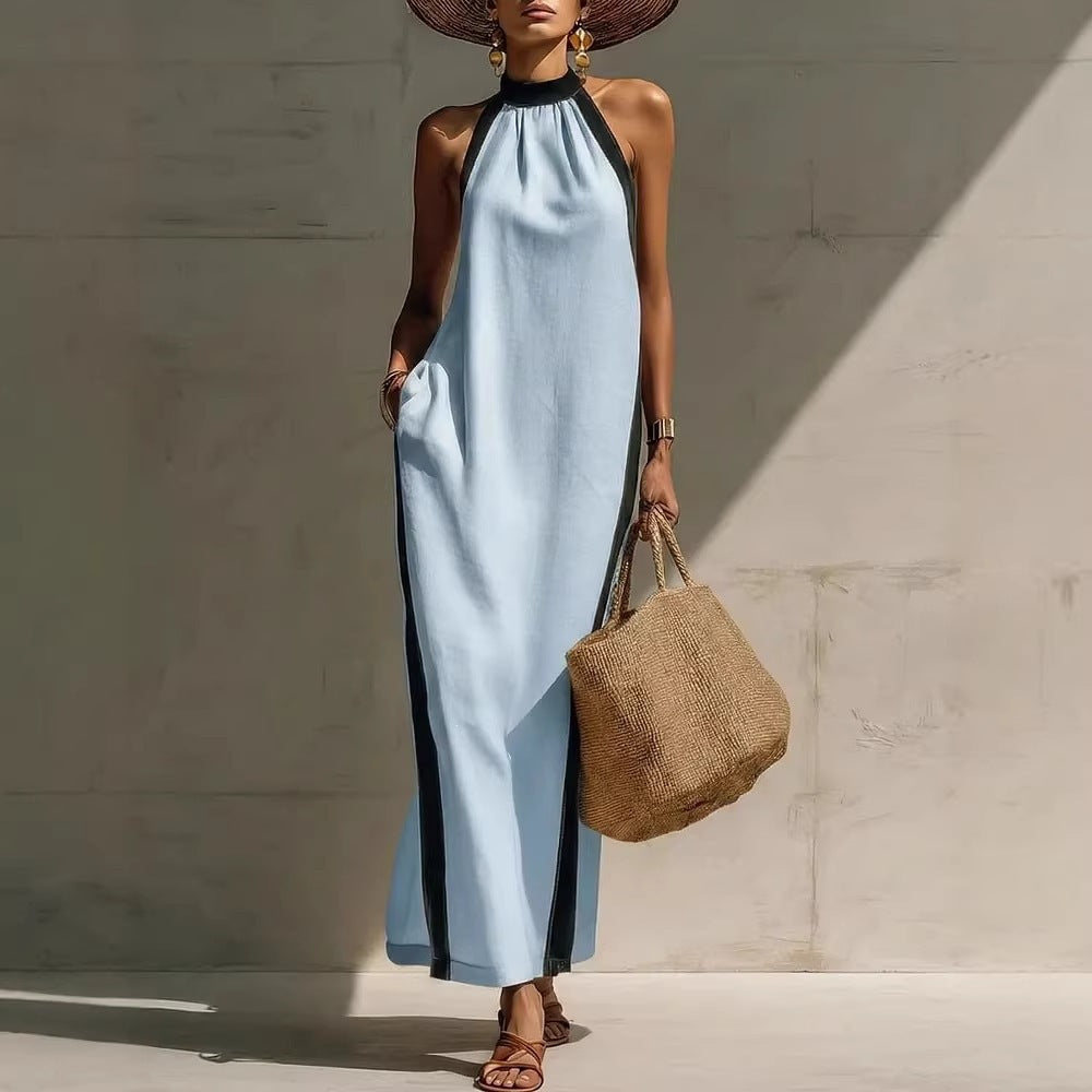Halter Neck Sleeveless Contrast Trim Maxi Dress Summer