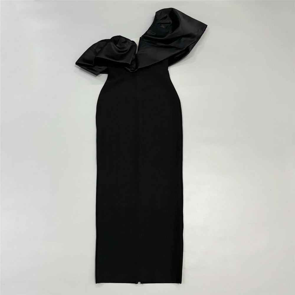One Shoulder Ruffle Velvet Column Maxi Gown - View 2