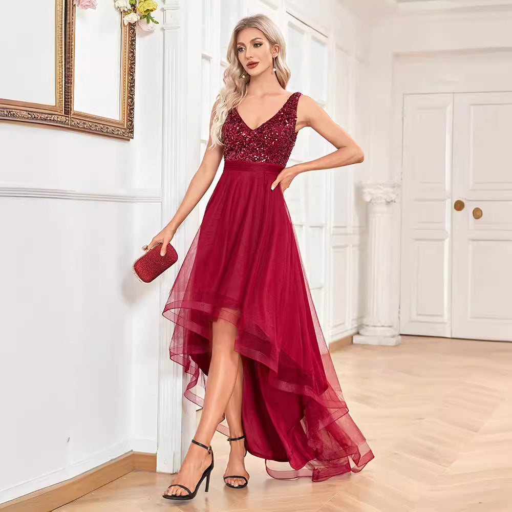 Sequin V-Neck Tulle High Low Midi Dress