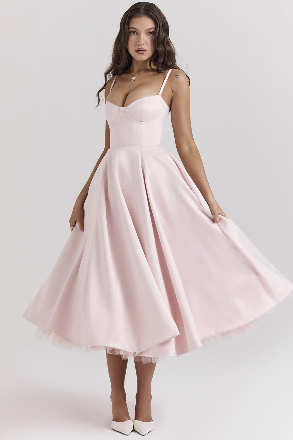 Spaghetti Strap Sweetheart Bustier Pleated Tulle Trim Midi Dress