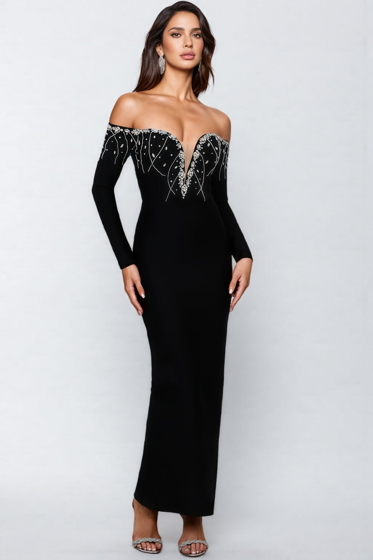 Rhinestone Embroidered Off Shoulder Long Sleeve Maxi Gown - View 2
