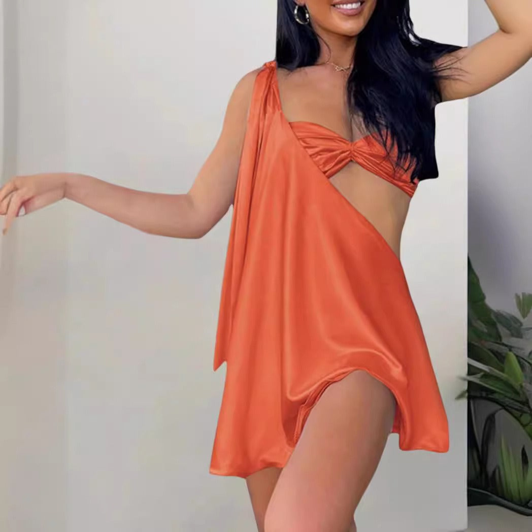 One Shoulder Twist Front Cut Out Flowy Mini Dress - View 6
