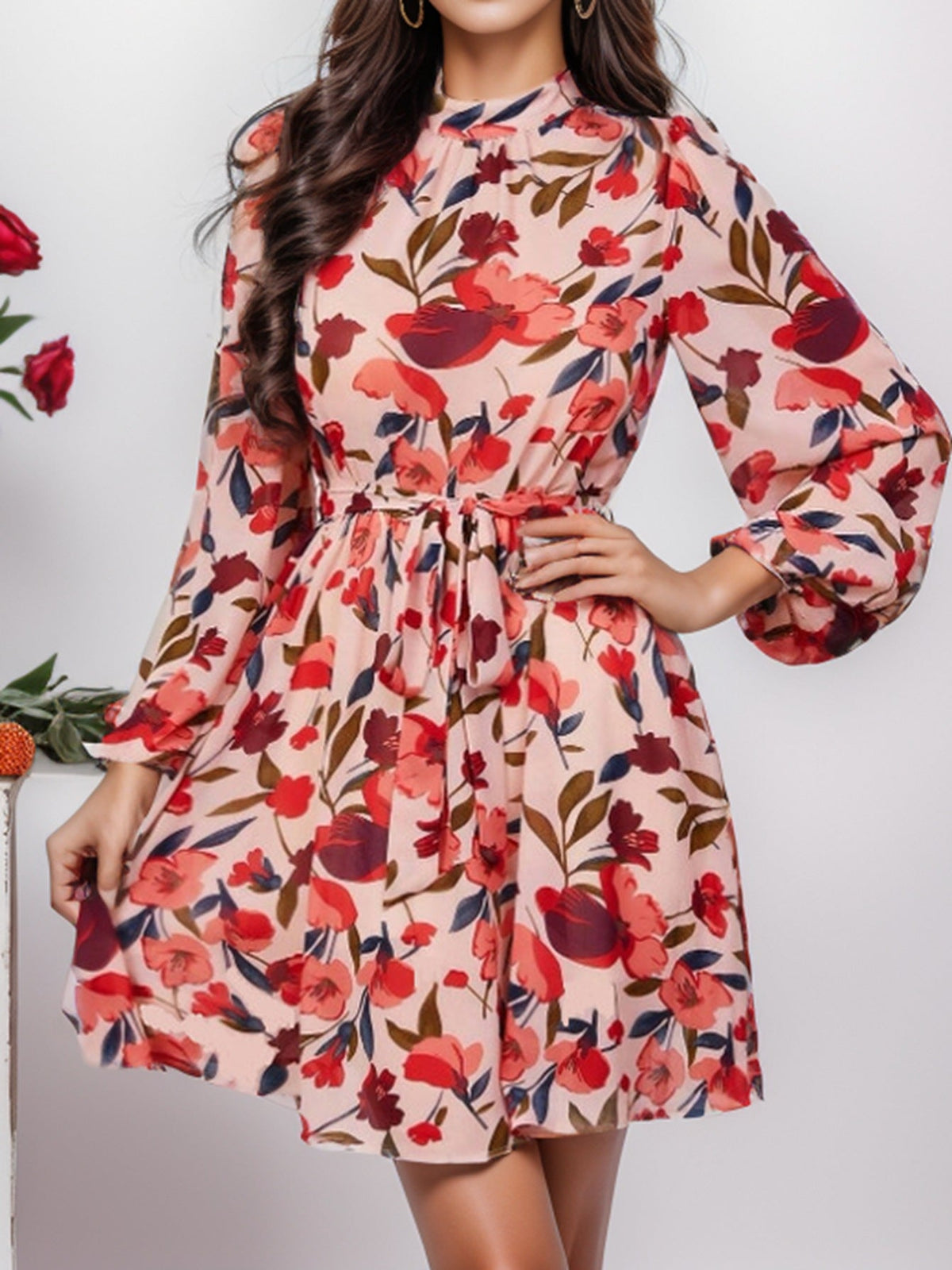 Floral High Neck Long Sleeve Tie Waist Fit and Flare Mini Dress