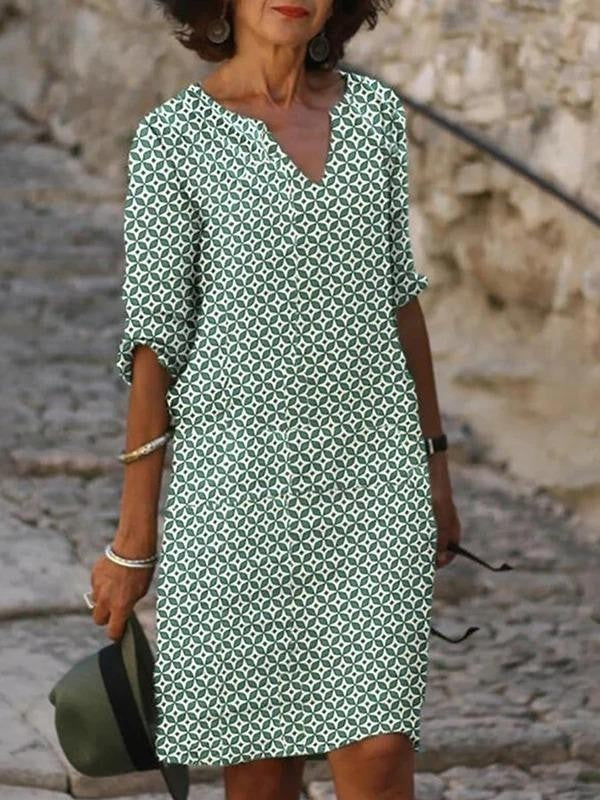 Geometric Print V-Neck Three Quarter Sleeve Shift Knee Dress