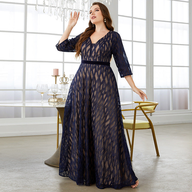 Lace V-Neck Long Sleeve Belted A-Line Maxi Dress - View 2