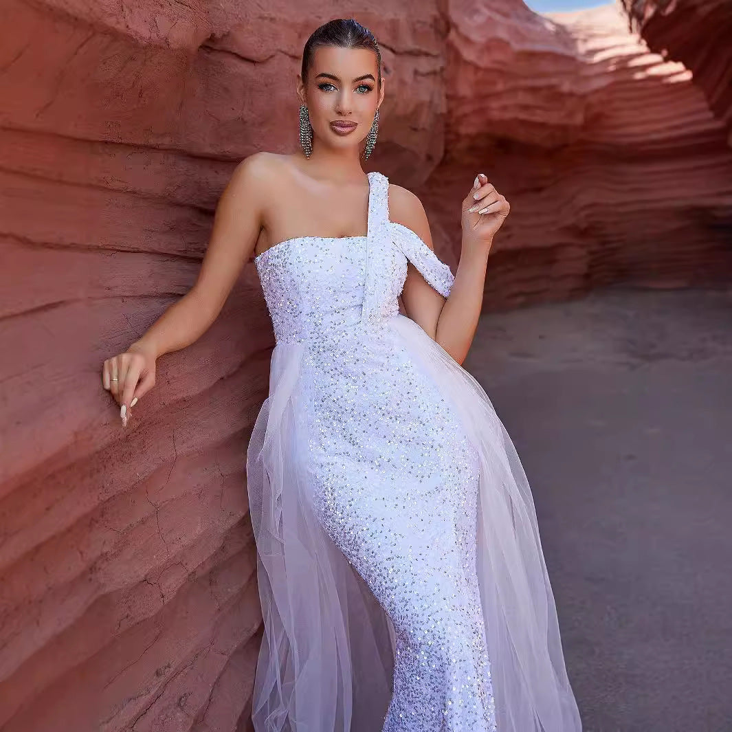 Tube Top Irregular Asymmetric White Mesh Sequ Dress - View 2