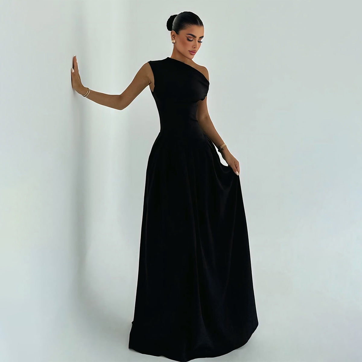 One Shoulder Sleeveless Fitted Bodice A-Line Maxi Gown - View 4