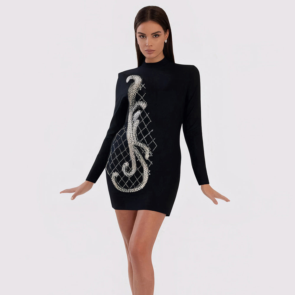 Long Sleeve Mock Neck Rhinestone Embellished Bodycon Mini Dress