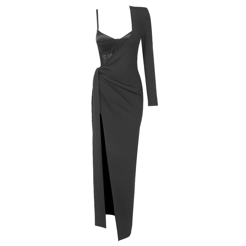 Satin Bustier Mesh Long Sleeve Ruched Cut Out Bodycon Dress - View 4