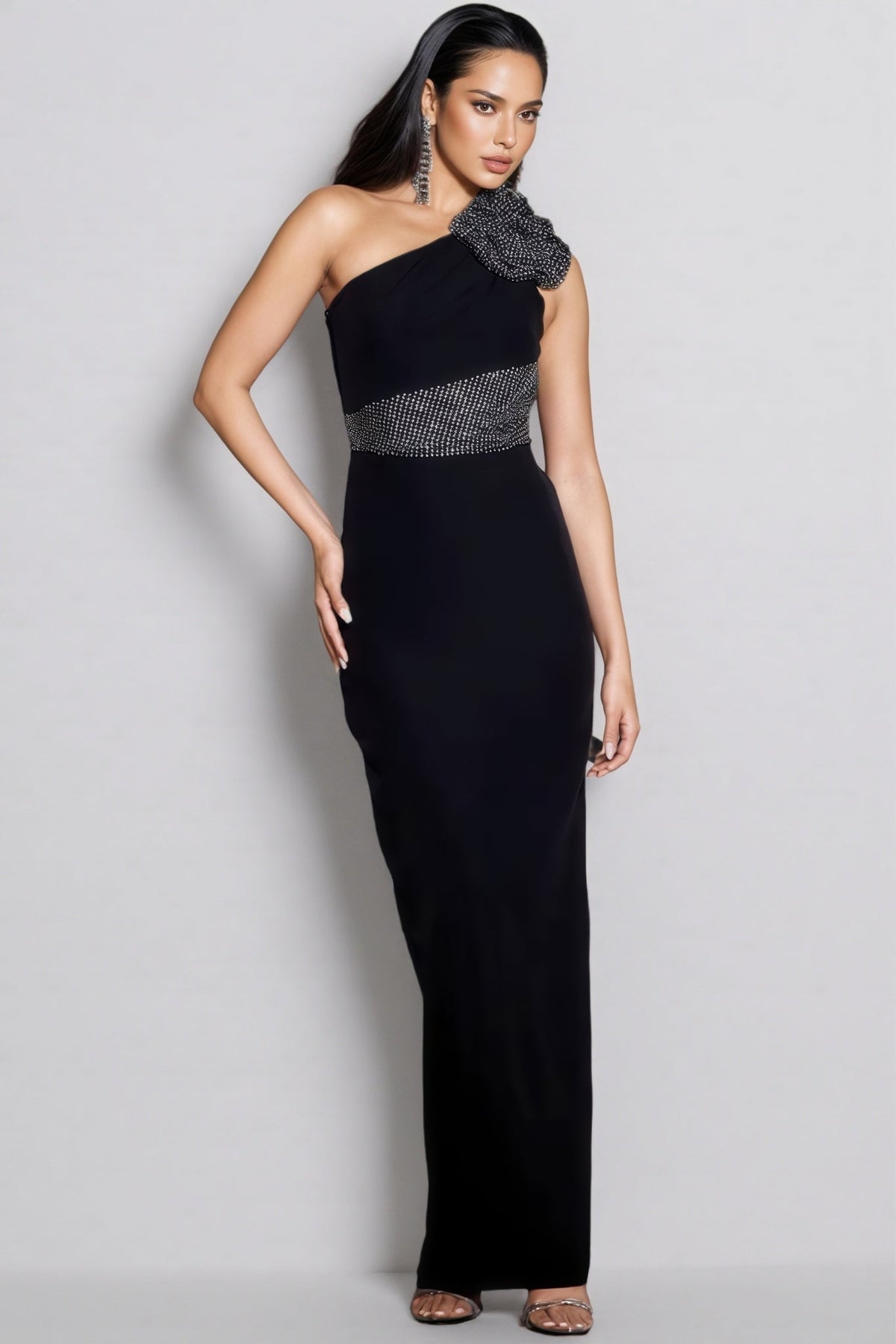 Xoelk Backless Rhinestone 3D Flower Maxi Dress