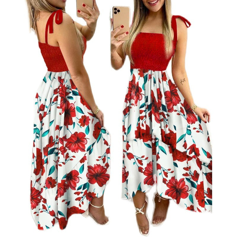 Floral Print Shirred Tie Strap Ruffle Hem Midi Dress - View 9