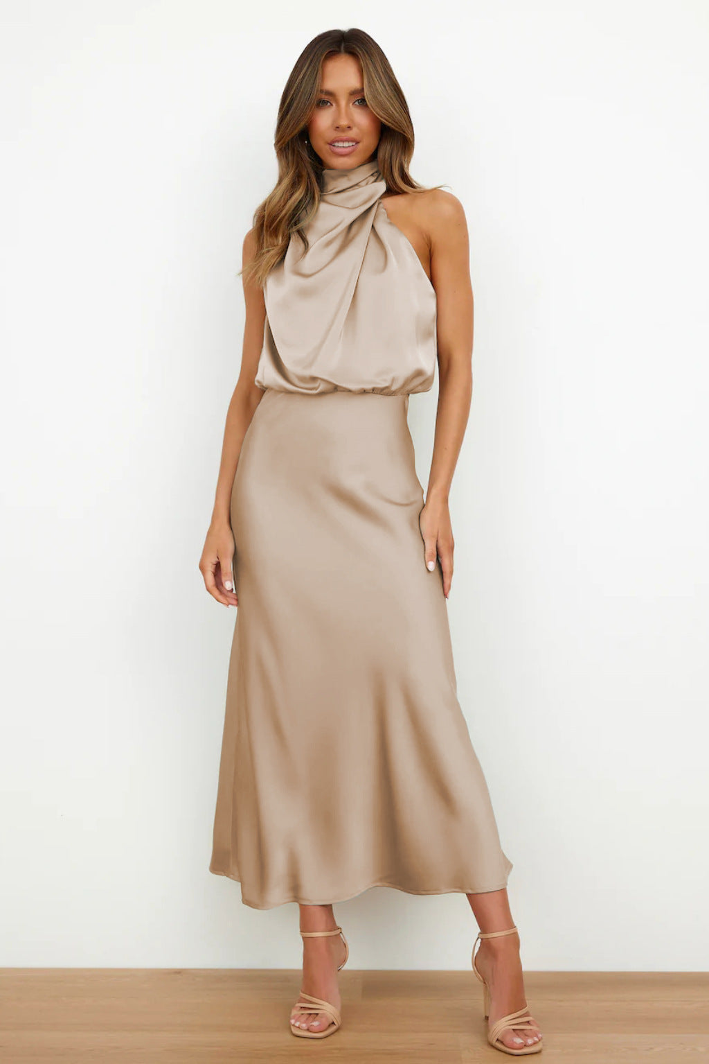 Halter Neck Blouson Bodice Sleeveless Bias Cut Midi Dress