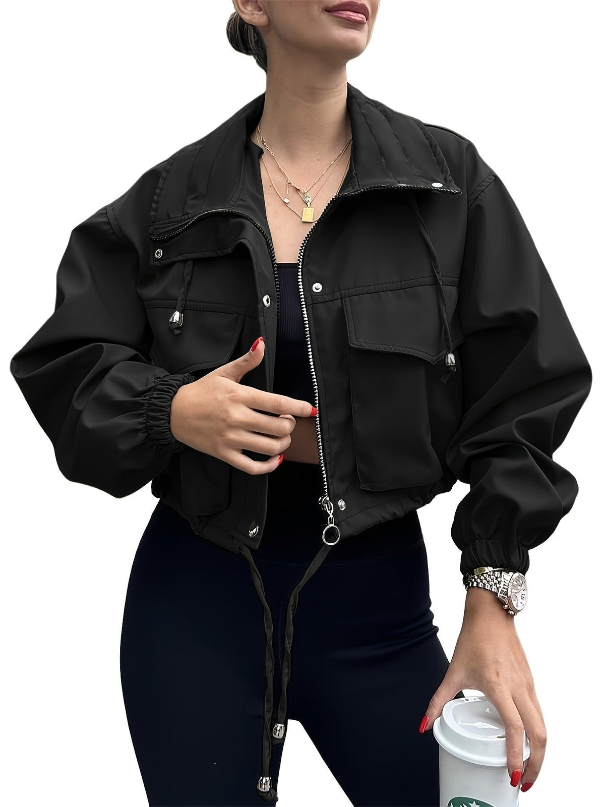 Zip Front Drawstring Hem Cargo Pocket Cropped Jacket