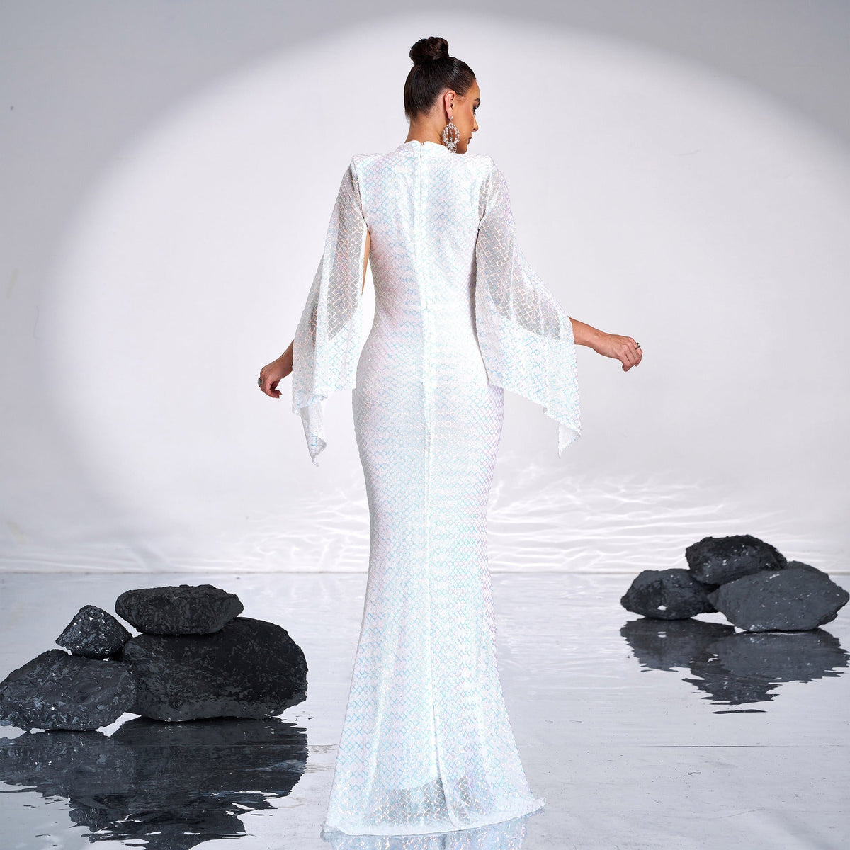 Sequin High Neck Cape Sleeve Mermaid Gown - View 9