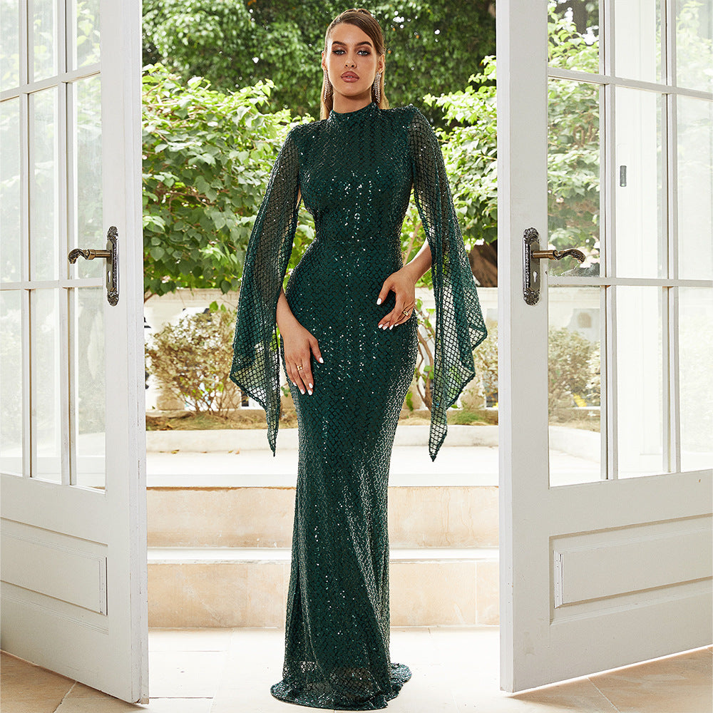 Sequin High Neck Cape Sleeve Mermaid Gown - View 6