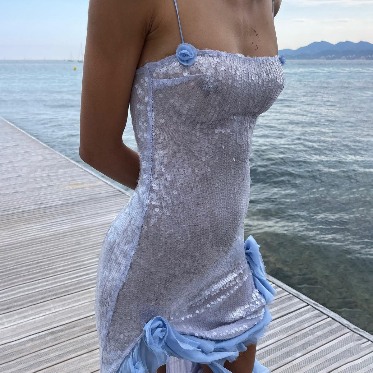 Sequin Spaghetti Strap Square Neck Ruffle Trim Slip Maxi Evening Gown - View 4