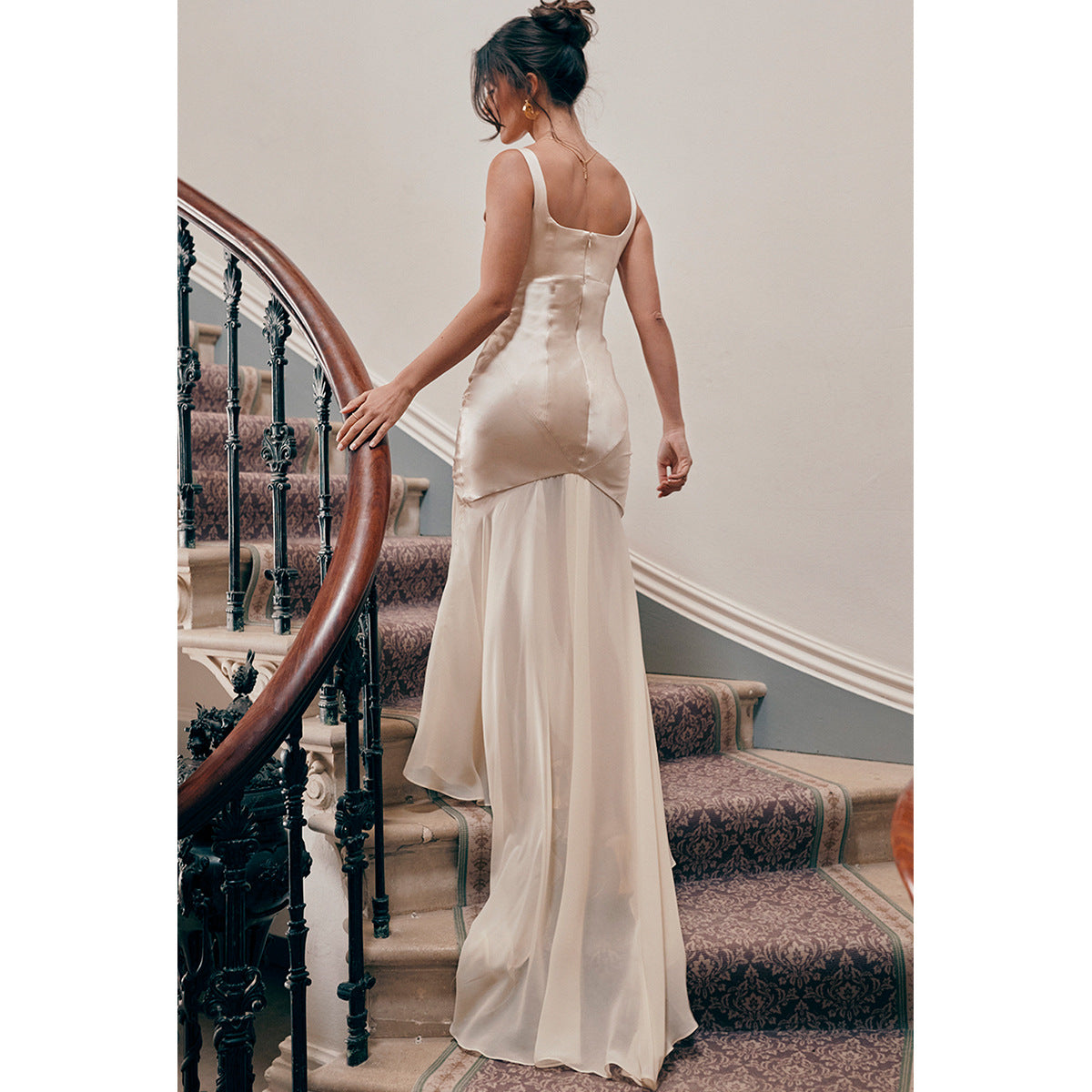 Satin Square Neck Wide Strap Chevron Seam Chiffon Trumpet Maxi Gown - View 4