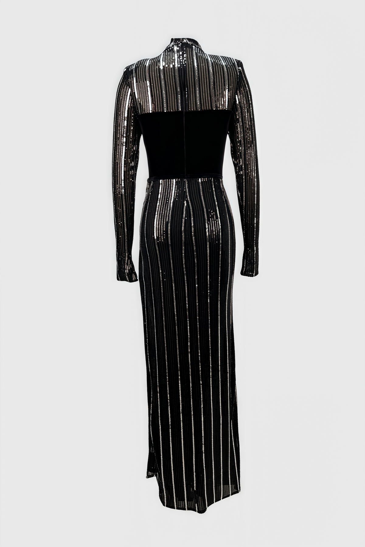 Sequin High Neck Long Sleeve 3D Flower High Split Maxi Gown - View 4
