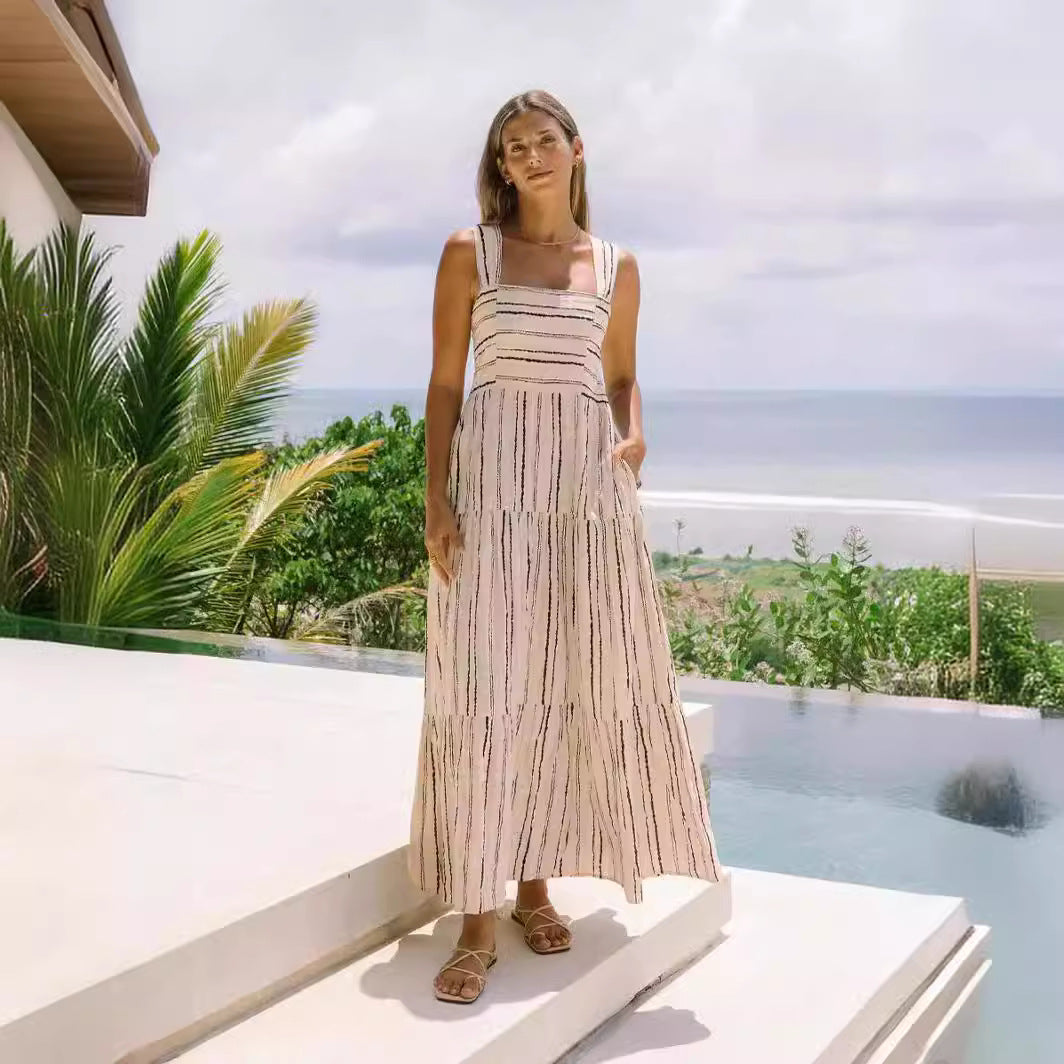 Striped Print Square Neck Wide Strap Tiered Pocket Maxi Dress - View 3