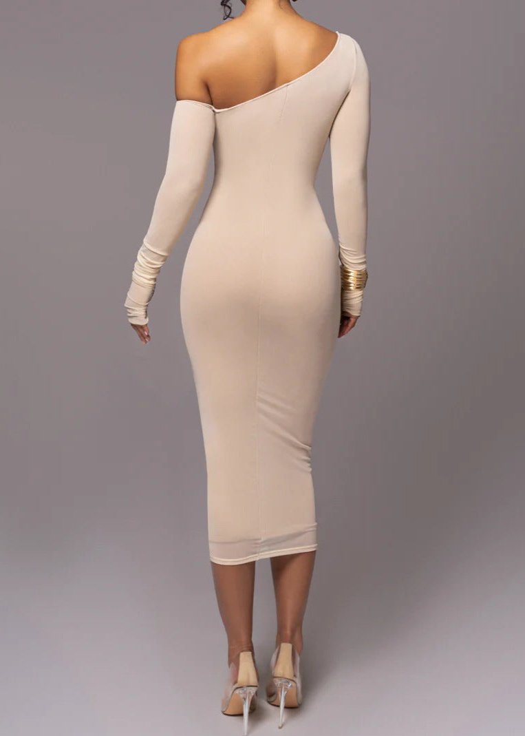 Asymmetrical Elegance Mesh Midi Dress in Beige - View 3