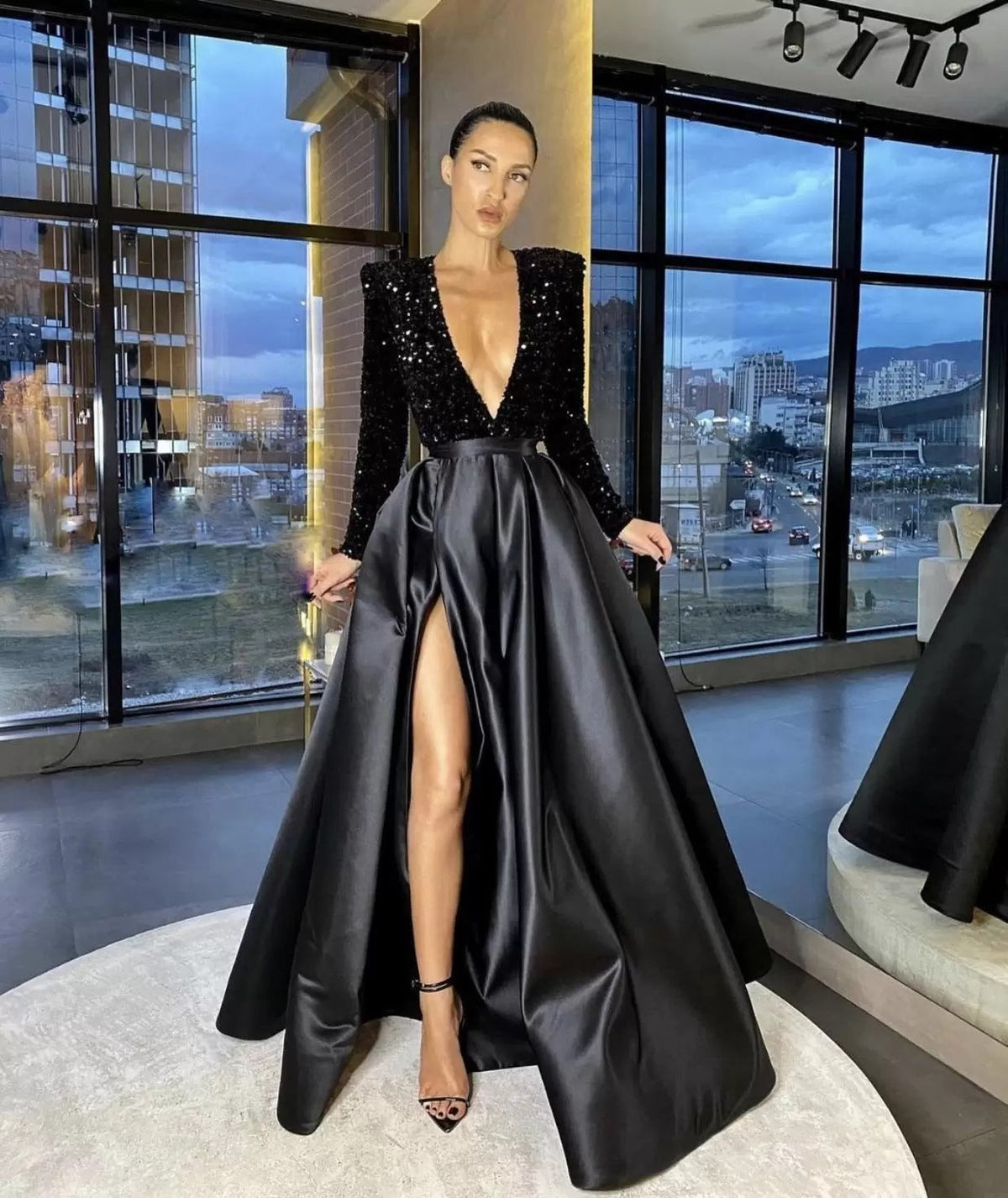 Sequin Deep V-Neck Long Sleeve Satin High Split A-Line Evening Gown - View 6