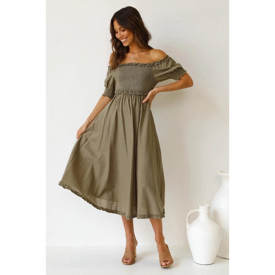 Off Shoulder Smocked Puff Sleeve Ruffle Hem Midi Dress