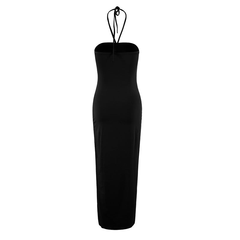 Halter Neck Floral Applique Ruched Side Slit Bodycon Maxi Dress - View 9