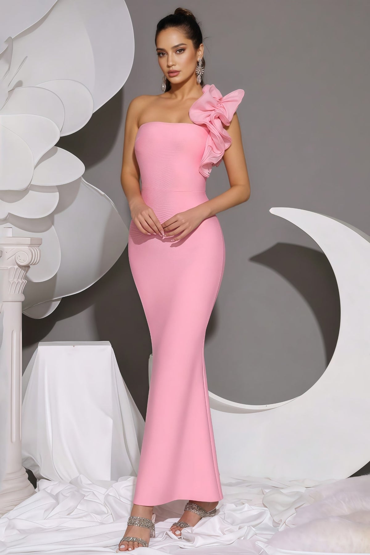 Marigold Pink One Shoulder Bandage Maxi Dress - View 4