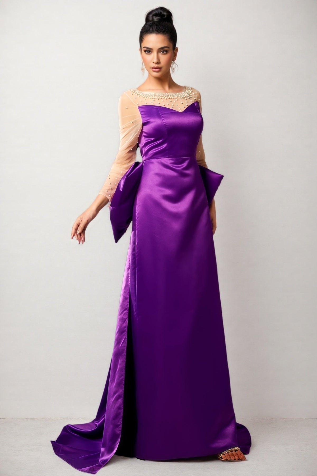 Pearl Embellished Sheer Mesh Yoke Long Sleeve Maxi Gown - View 7