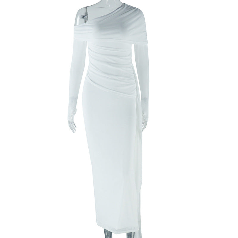 Solid Color Dress Off Shoulder Long Sleeve Mesh Stitching Dress - View 4